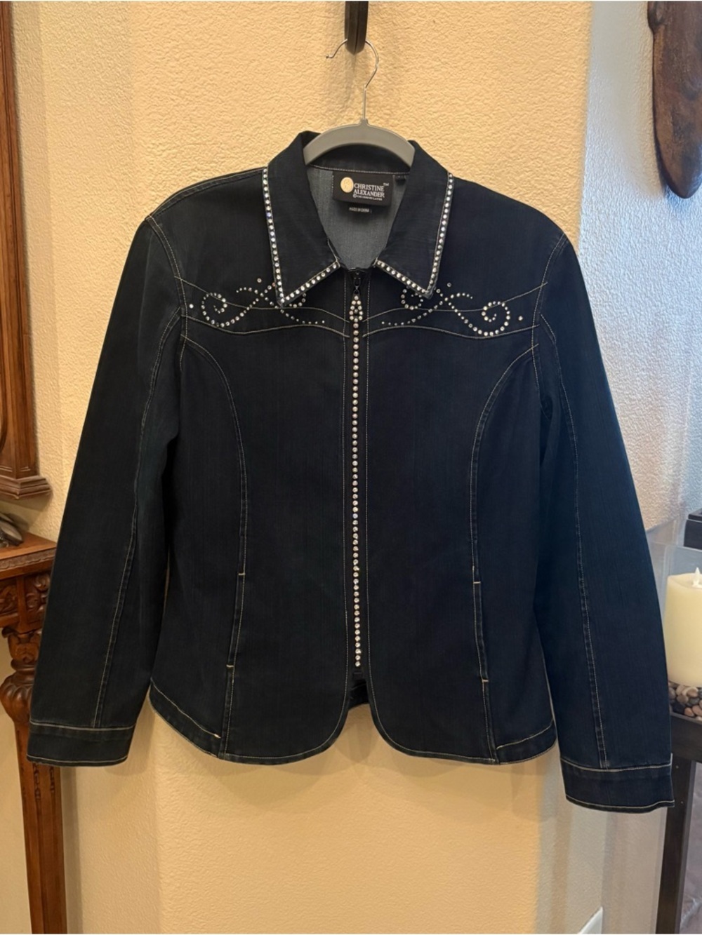 CHRISTINE ALEXANDER Women Dark Blue Rhinestone Western Denim Jacket Size Large
